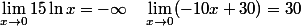 \displaystyle \lim_{x\to 0}15\ln x=-\infty\quad \lim_{x\to 0} (-10x+30)=30